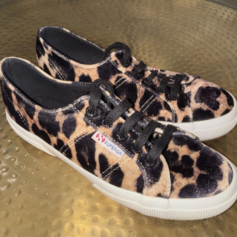 Superga Women’s Black Beige Leopard Print Lace-Up Low Top Athletic Sneakers Sz 7